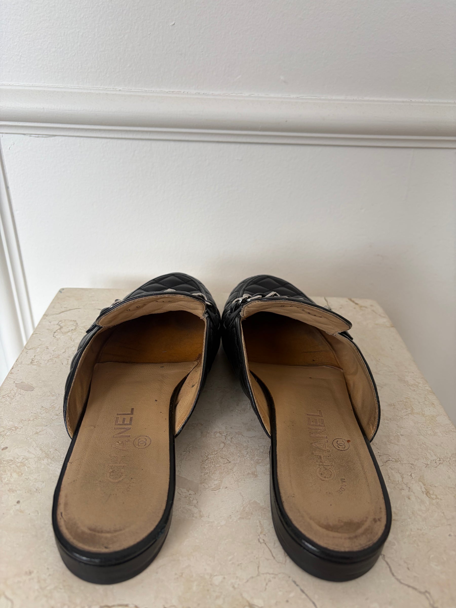 Chanel Black Quilted Leather Logo Mules, 37.5C