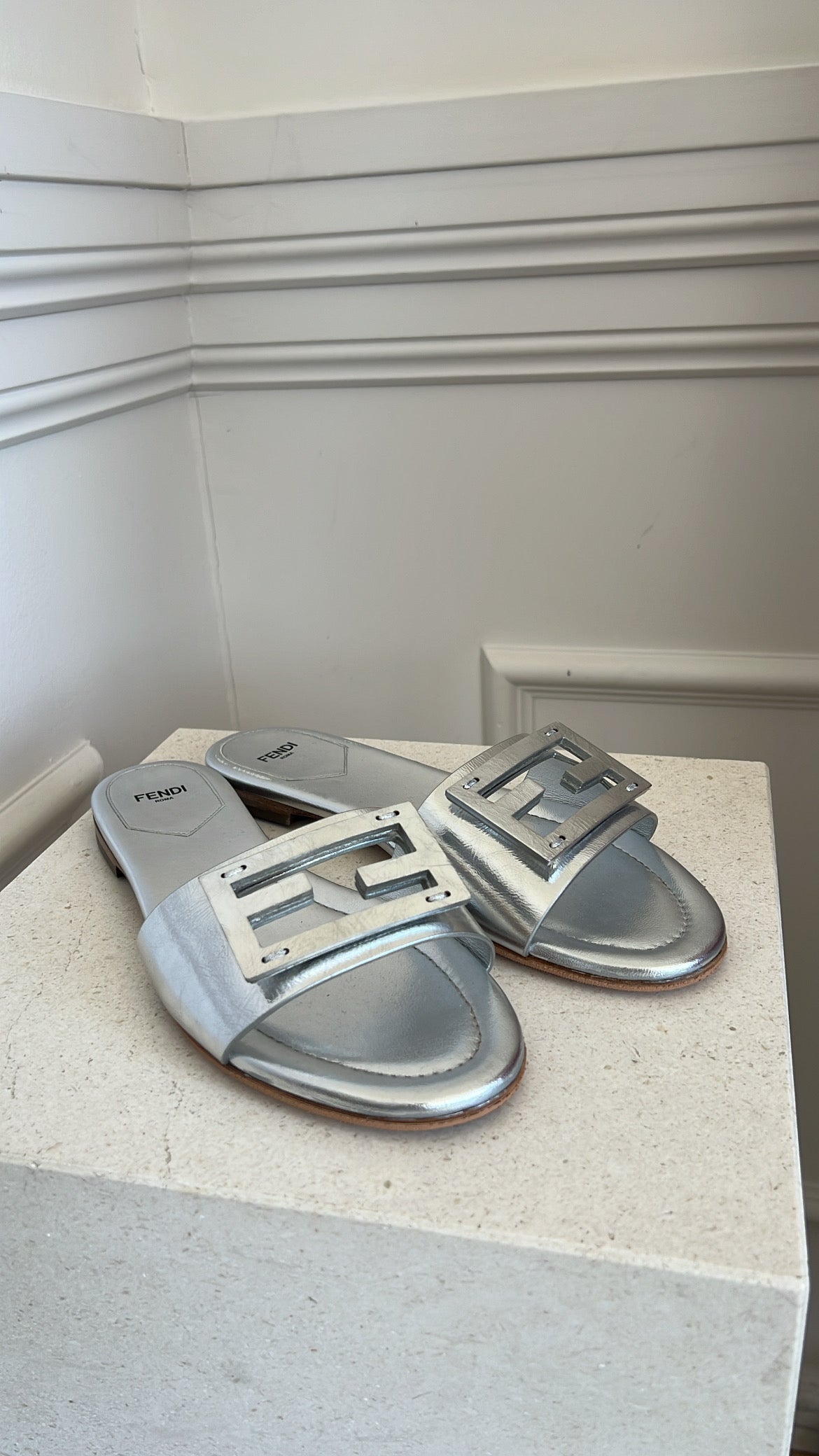 Fendi Baguette Silver Logo Slides, 39