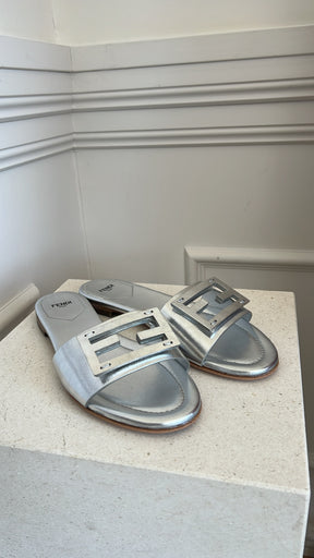 Fendi Baguette Silver Logo Slides, 39