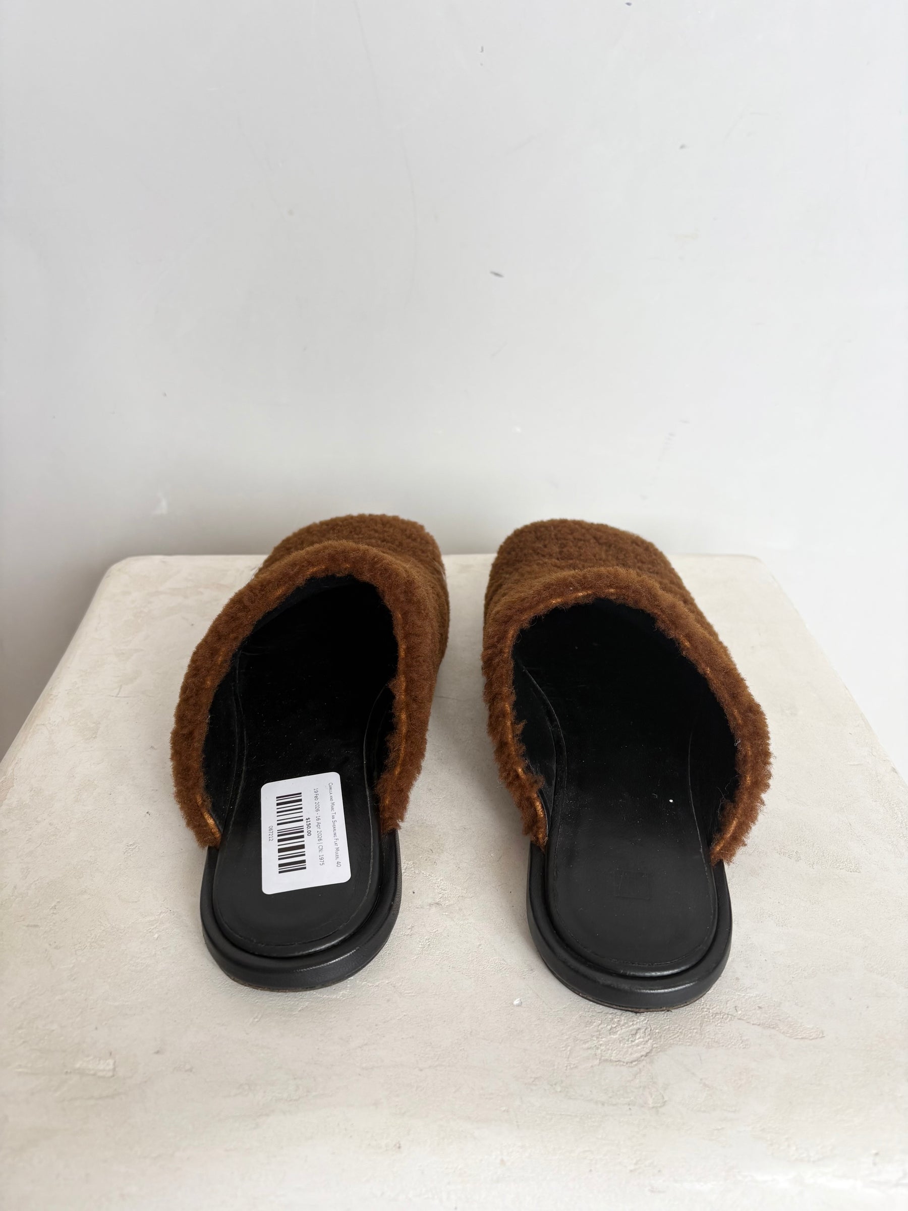 Camilla and Marc Tan Shearling Flat Mules, 40