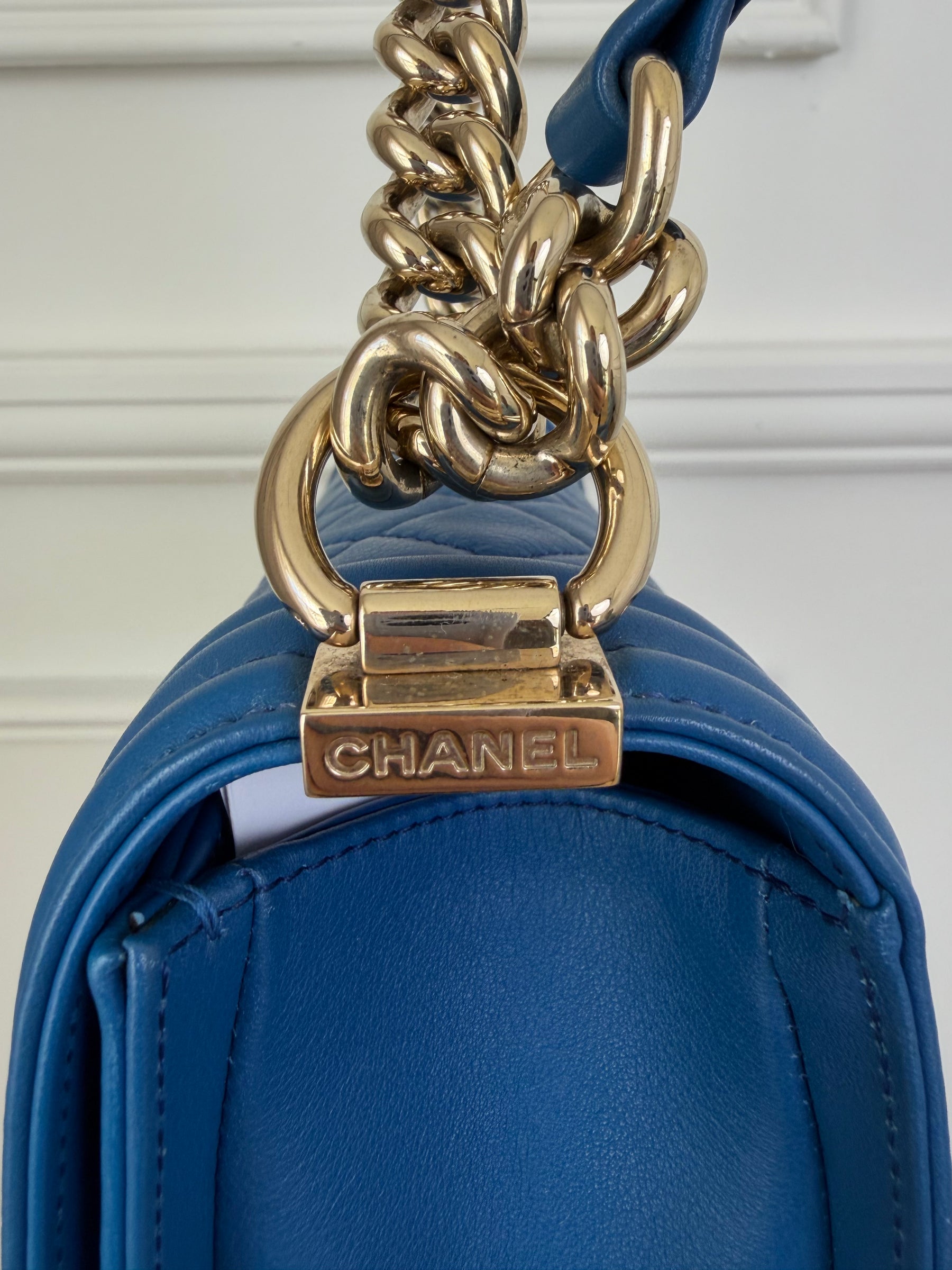 Chanel Blue Lambskin Leather Old Medium Boy Bag