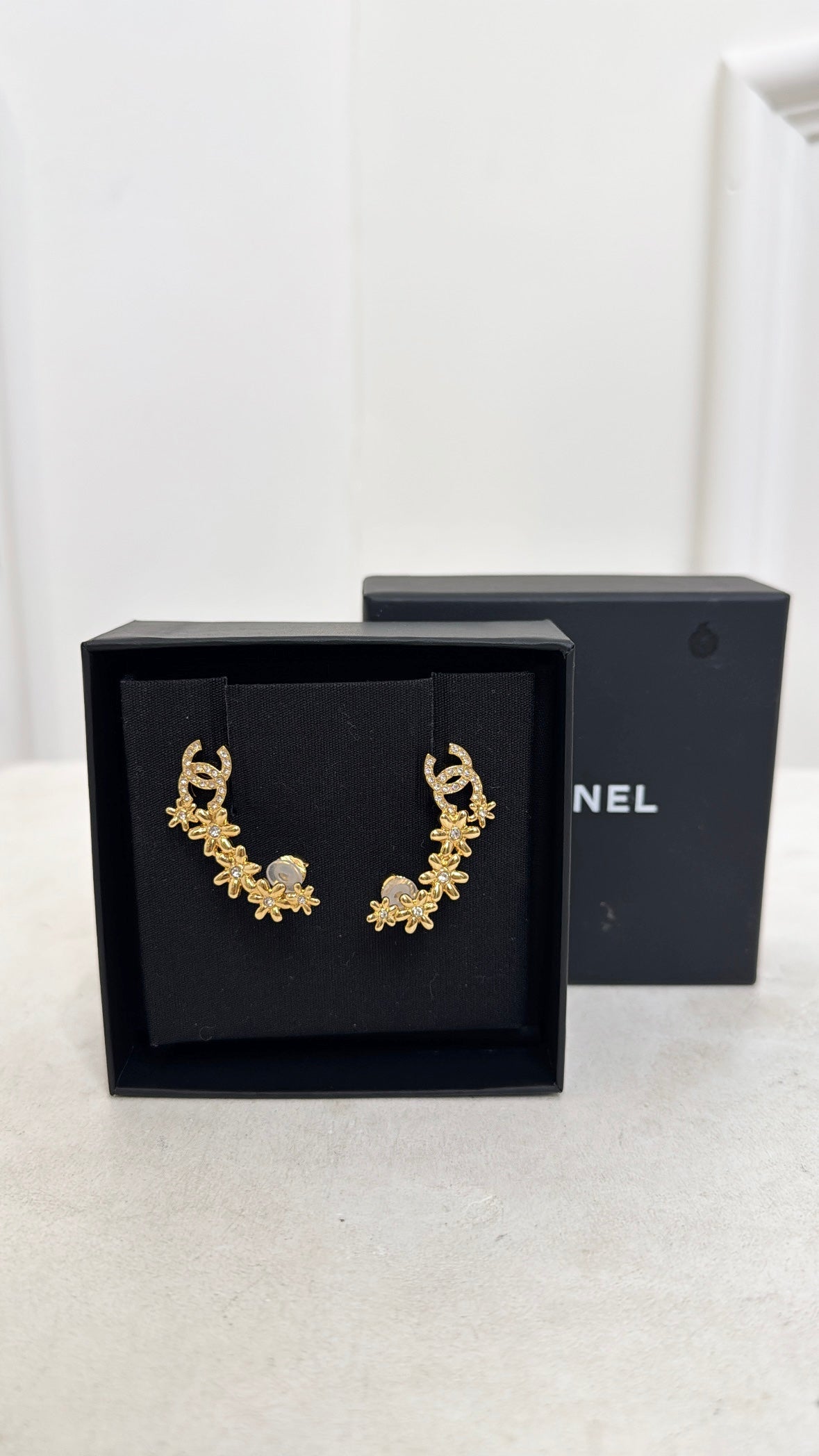 Chanel Gold Tone and Crystal Floral CC Climber Earring