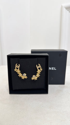 Chanel Gold Tone and Crystal Floral CC Climber Earring