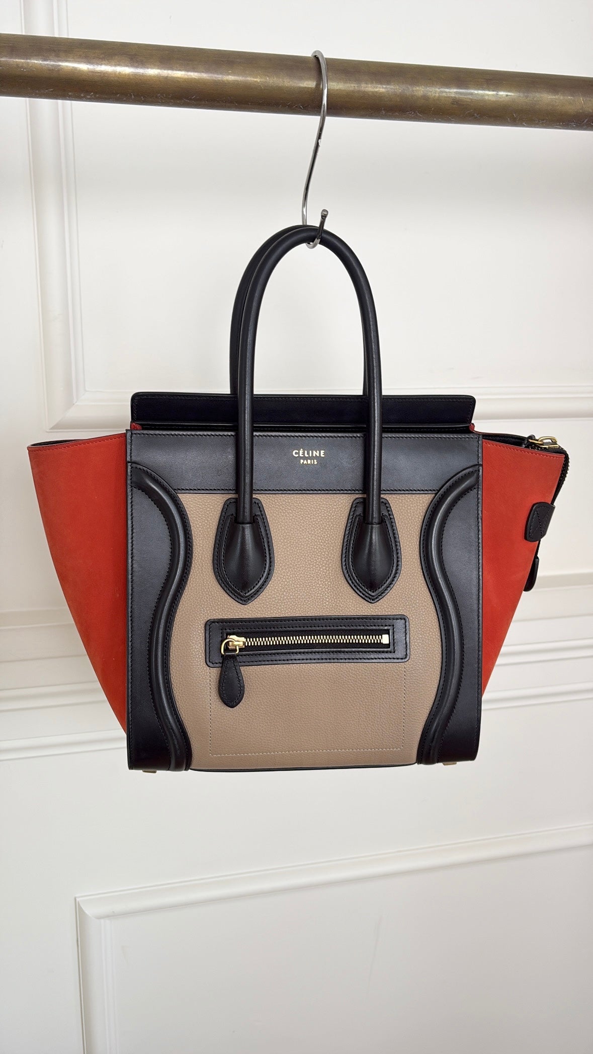 Celine Beige, Black and Red Leather and Suede Luggage Bag