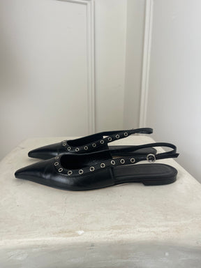 Aeyde Black Leather Pointed Slingback Flats, 38