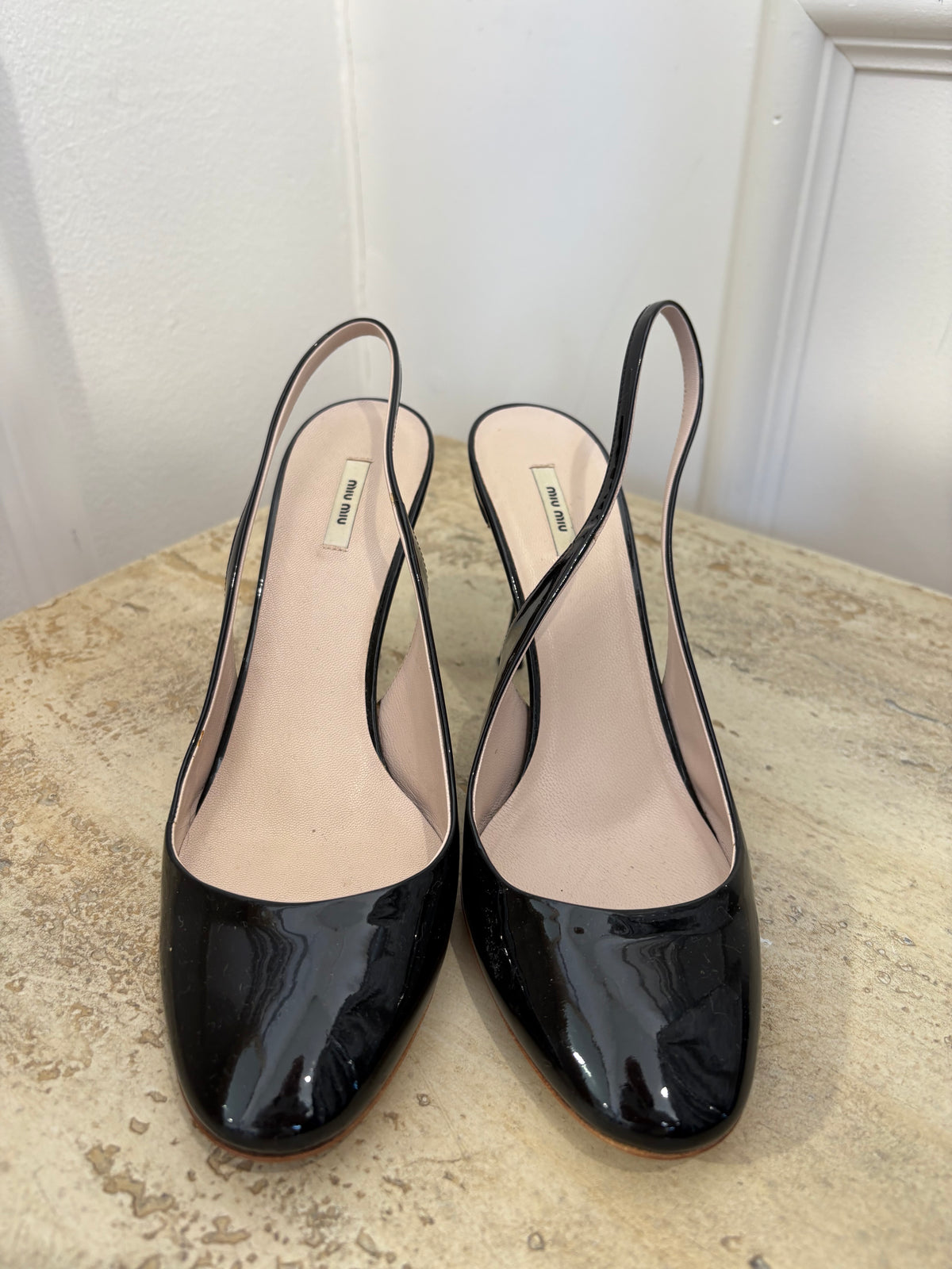 Miu Miu Black Patent Slingback Heels, 36