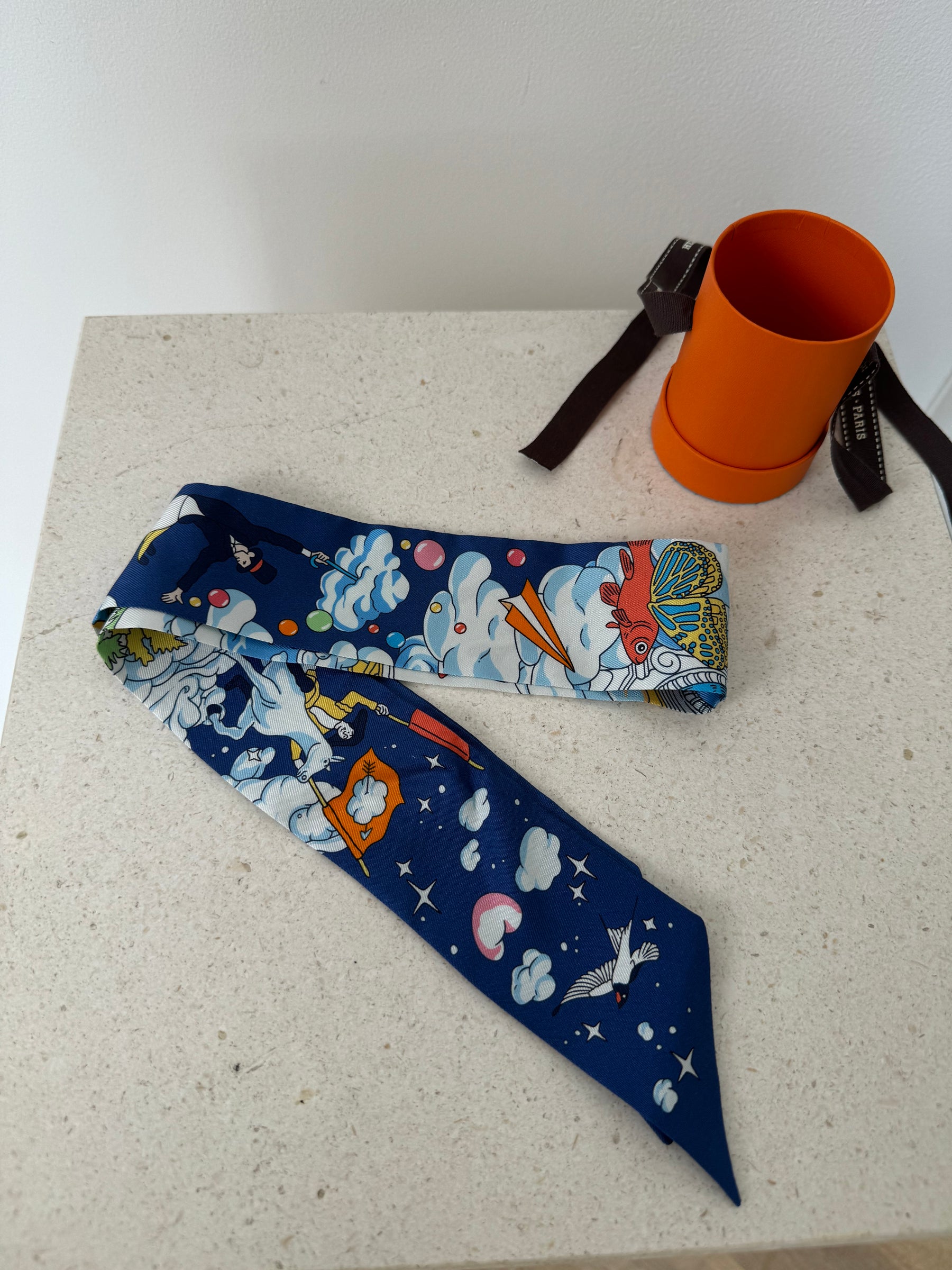 Hermès Navy Multi Print Silk Twilly