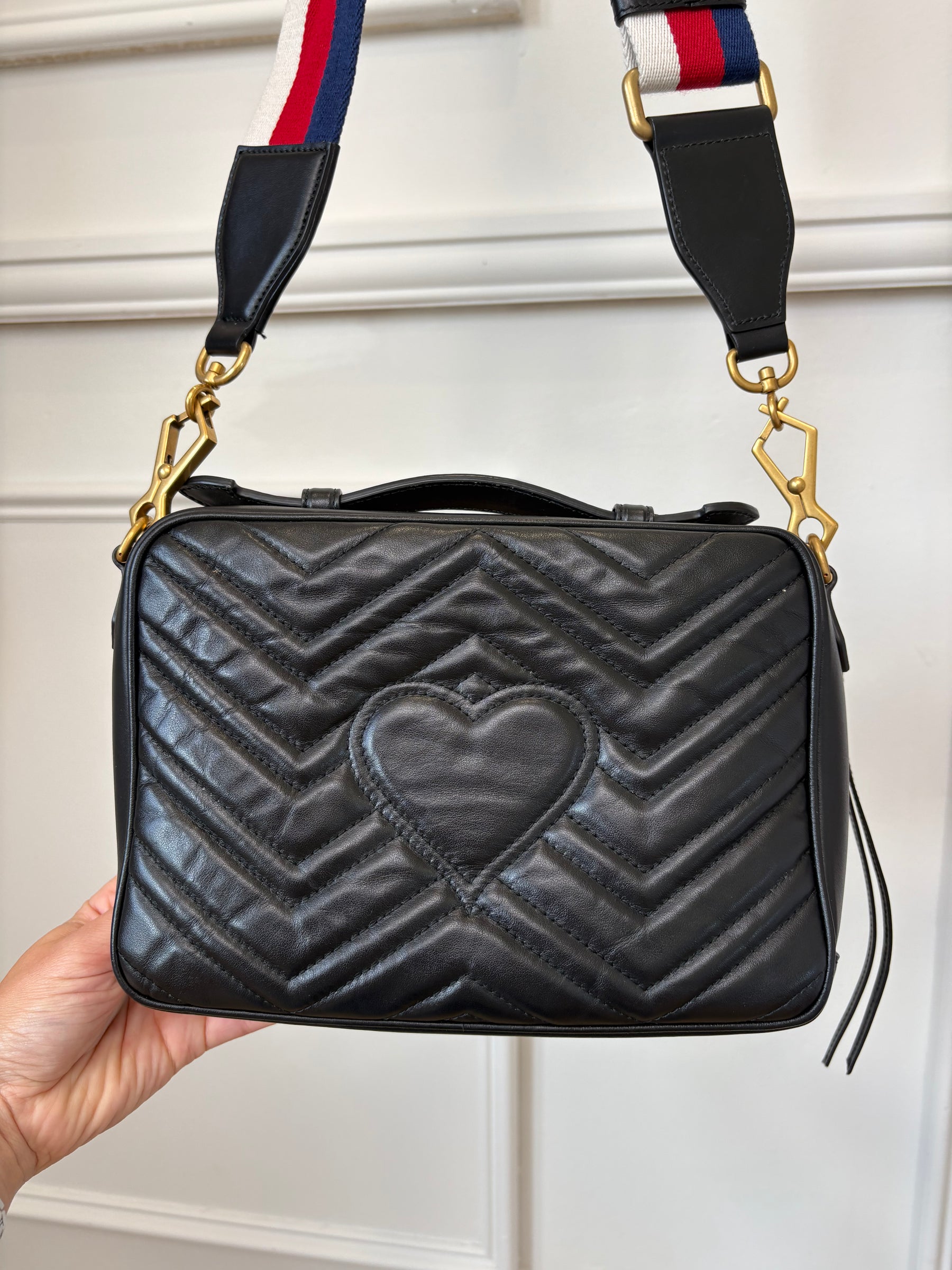 Gucci Black Chevron Leather Marmont Top Handle Satchel Bag