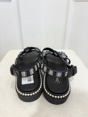 Chanel Black Leather and Tweed Pearl Detail Sandal, 39.5