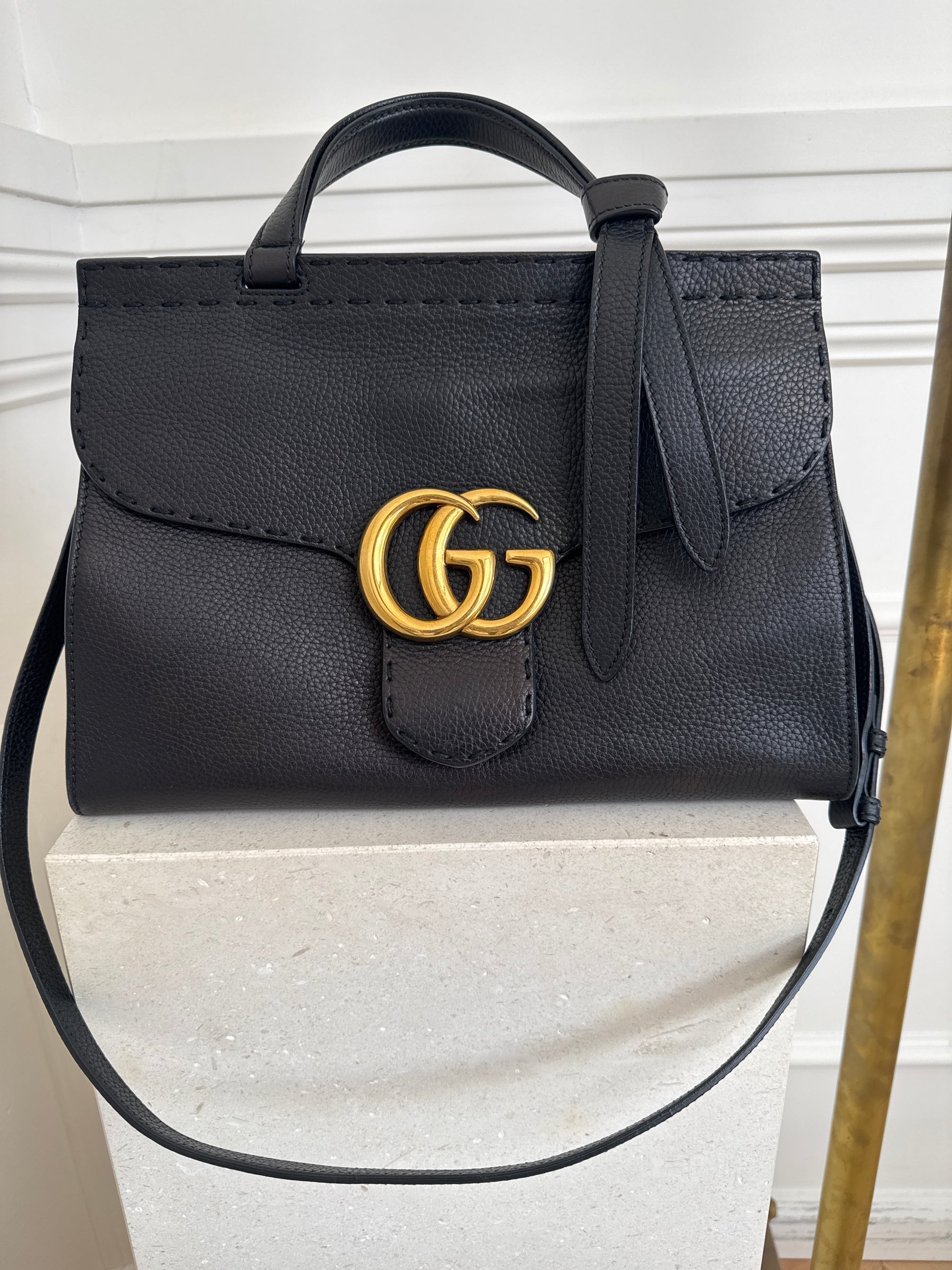 Gucci GG Marmont  Small Top Handle Bag In Black Grain Leather