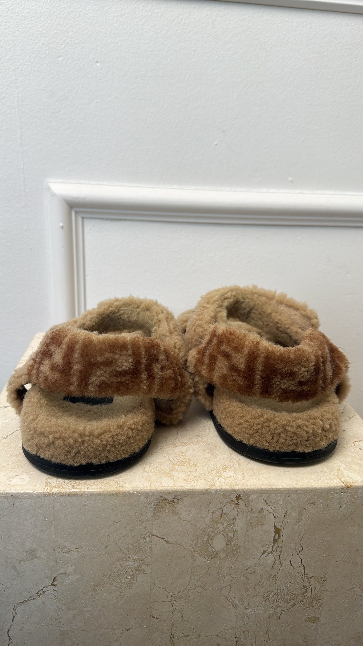 Fendi Beige Monogram Back Shearling Sandals, 40