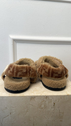Fendi Beige Monogram Back Shearling Sandals, 40