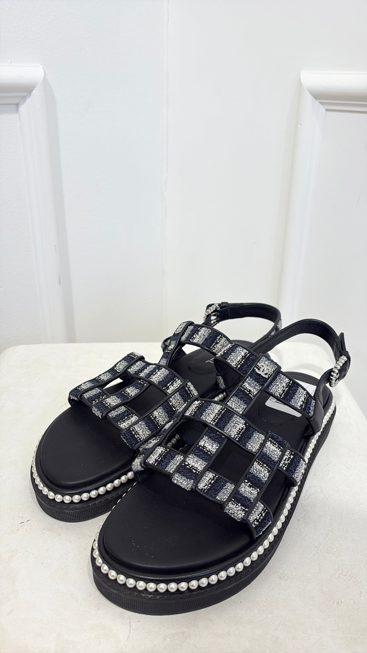 Chanel Black Leather and Tweed Pearl Detail Sandal, 39.5