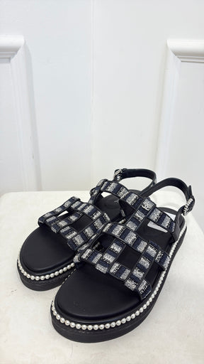 Chanel Black Leather and Tweed Pearl Detail Sandal, 39.5