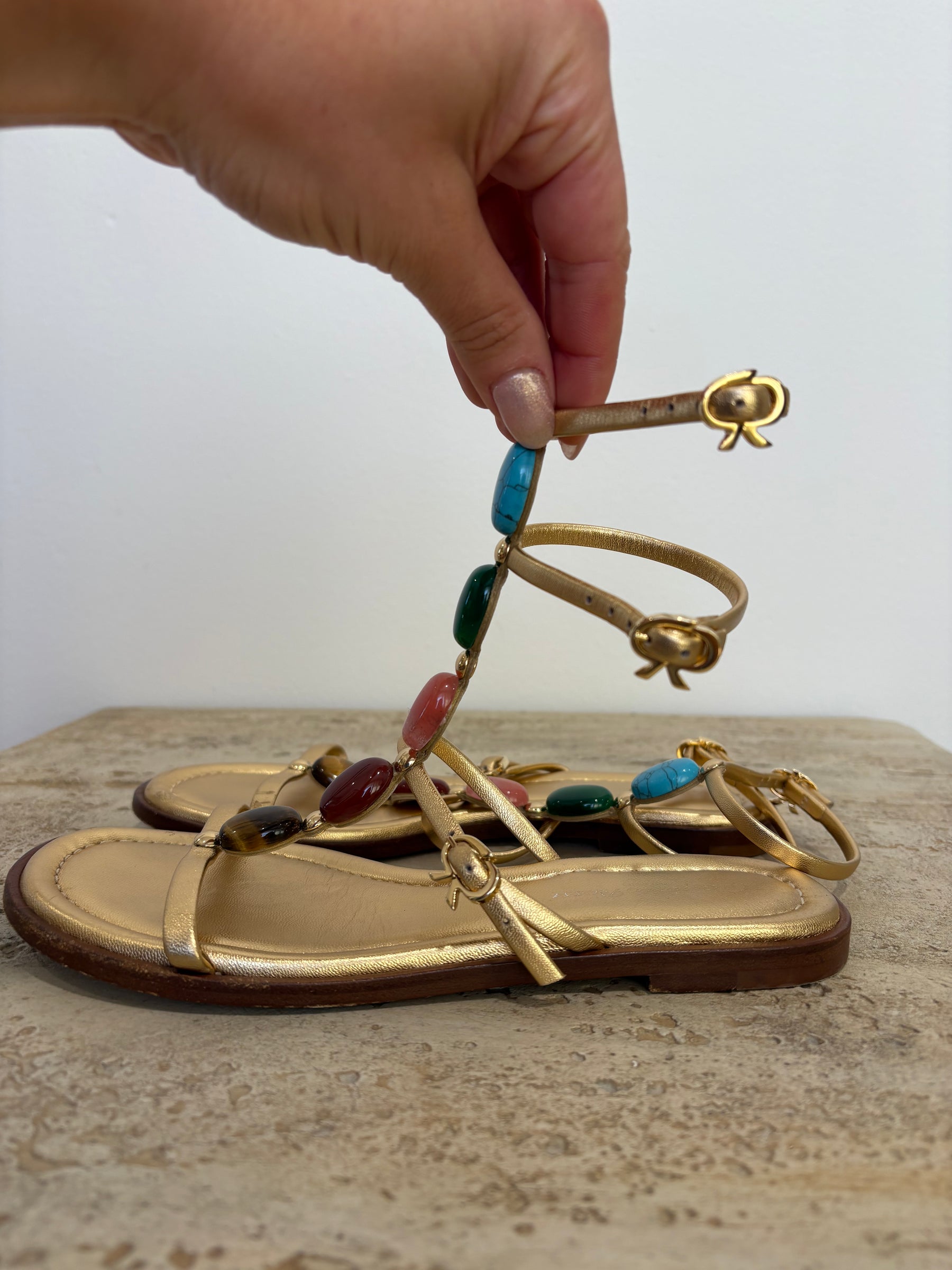 Gianvito Rossi Gold Leather Stone Embellished 'Shanti' Sandals, 35.5