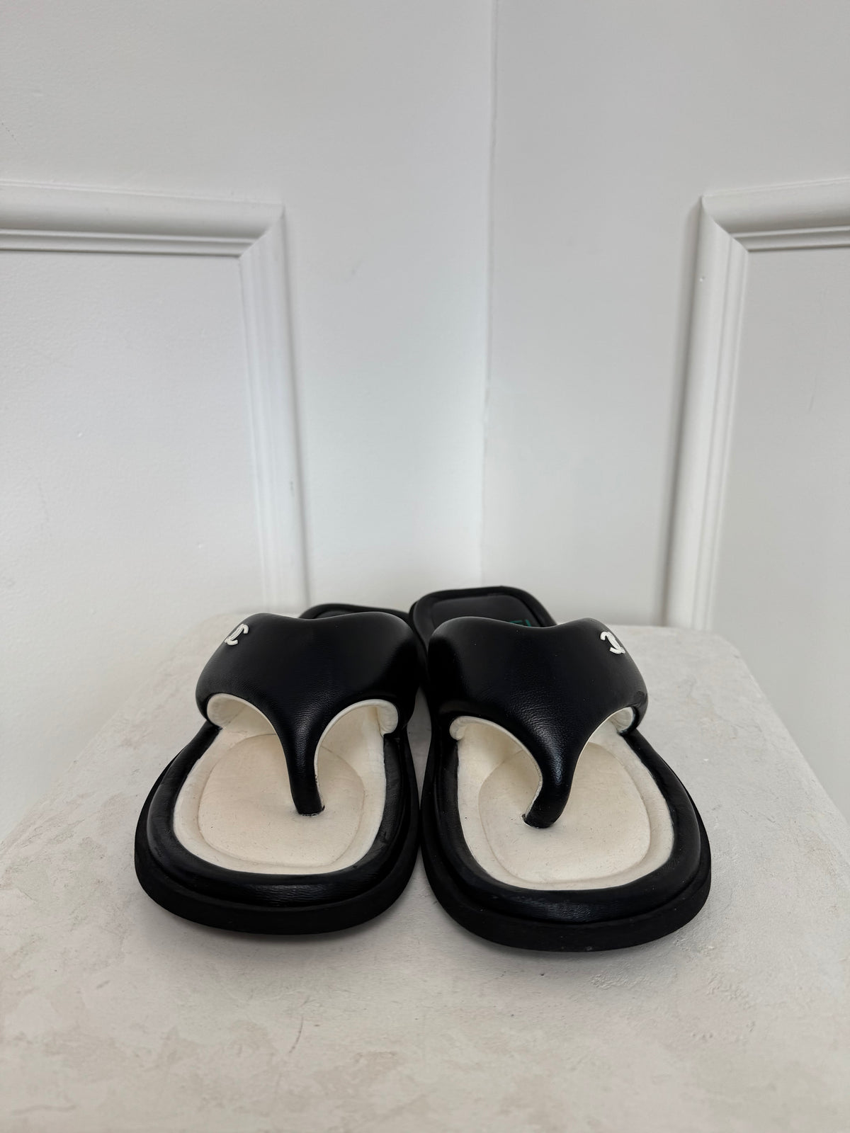 Chanel Black and White Leather Puffy Thong Sandals, 42