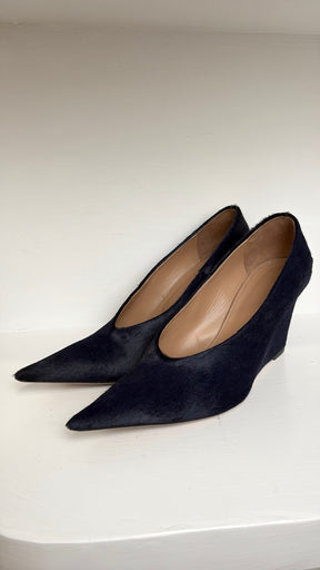 Scanlan Theodore Navy Ponyhair Pointed Wedge Pumps, 41