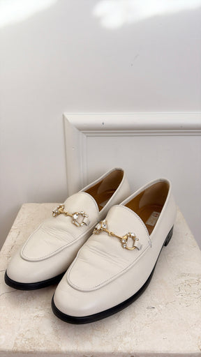 Gucci White Leather Crystal Jordaan Loafers, 38