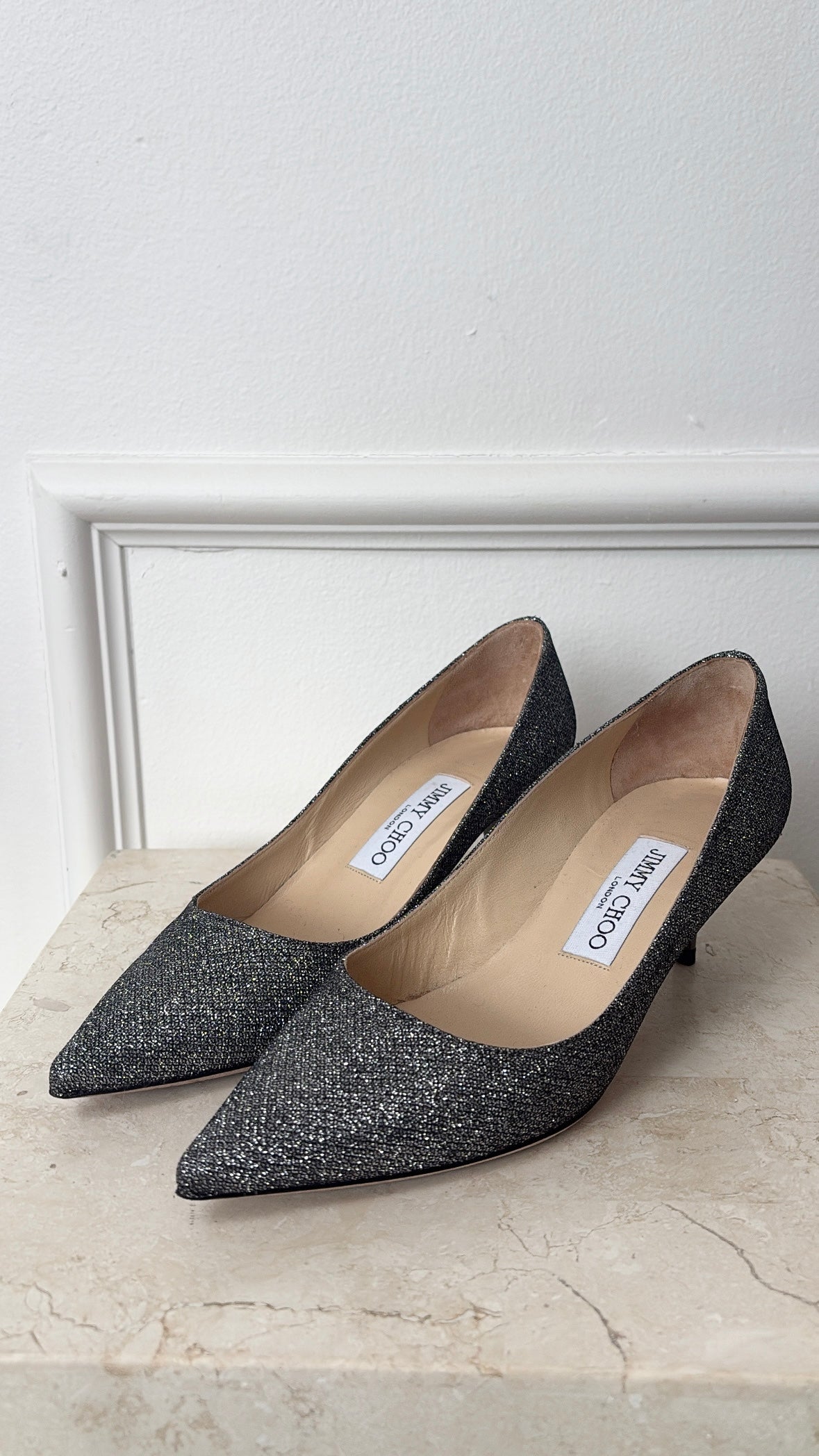 Jimmy Choo Anthracite Glitter Kitten Heels, 36
