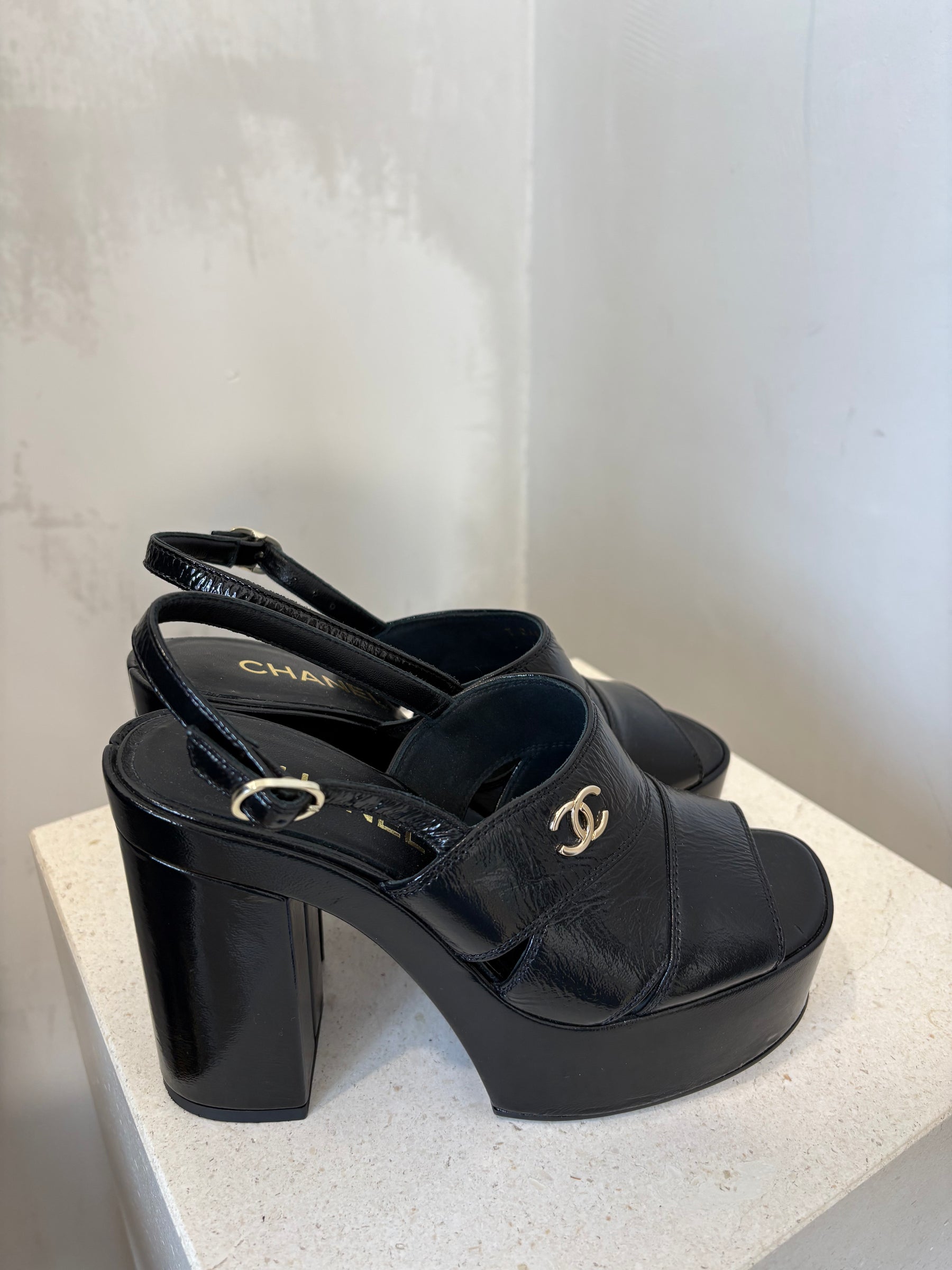 Chanel Crumpled Patent Lambskin Platform Sandals, 36C