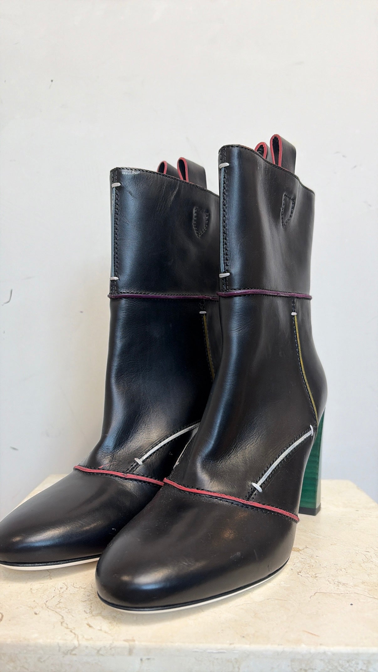 Fendi Black Leather and Multi Colour Trim Heeled Ankle Boot, 40