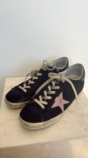 Golden Goose Black Suede Superstar Sneakers with Pink Star, 41