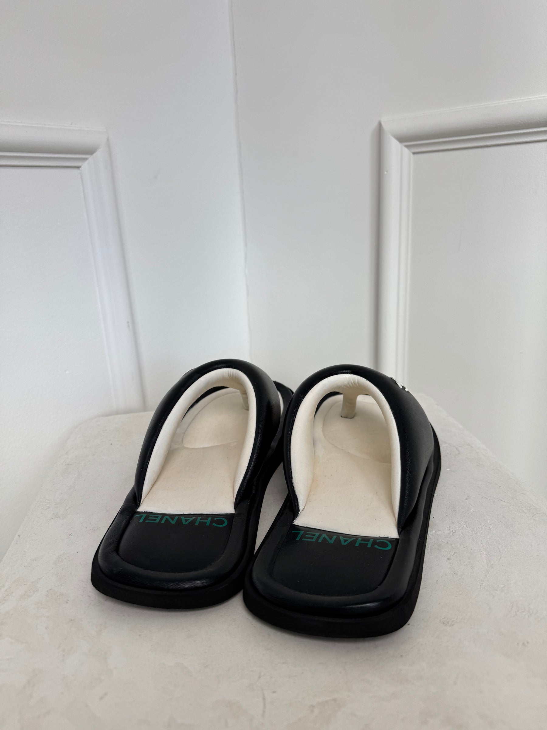 Chanel Black and White Leather Puffy Thong Sandals, 42