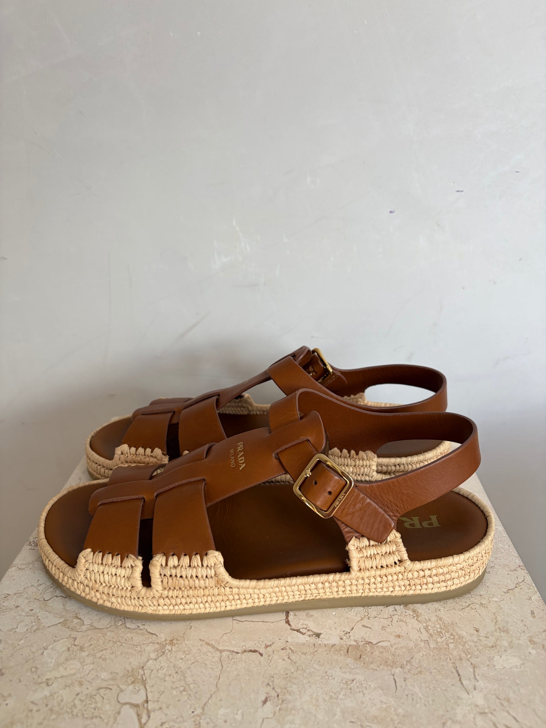 Prada Leather And Raffia Sandals Tan, 38