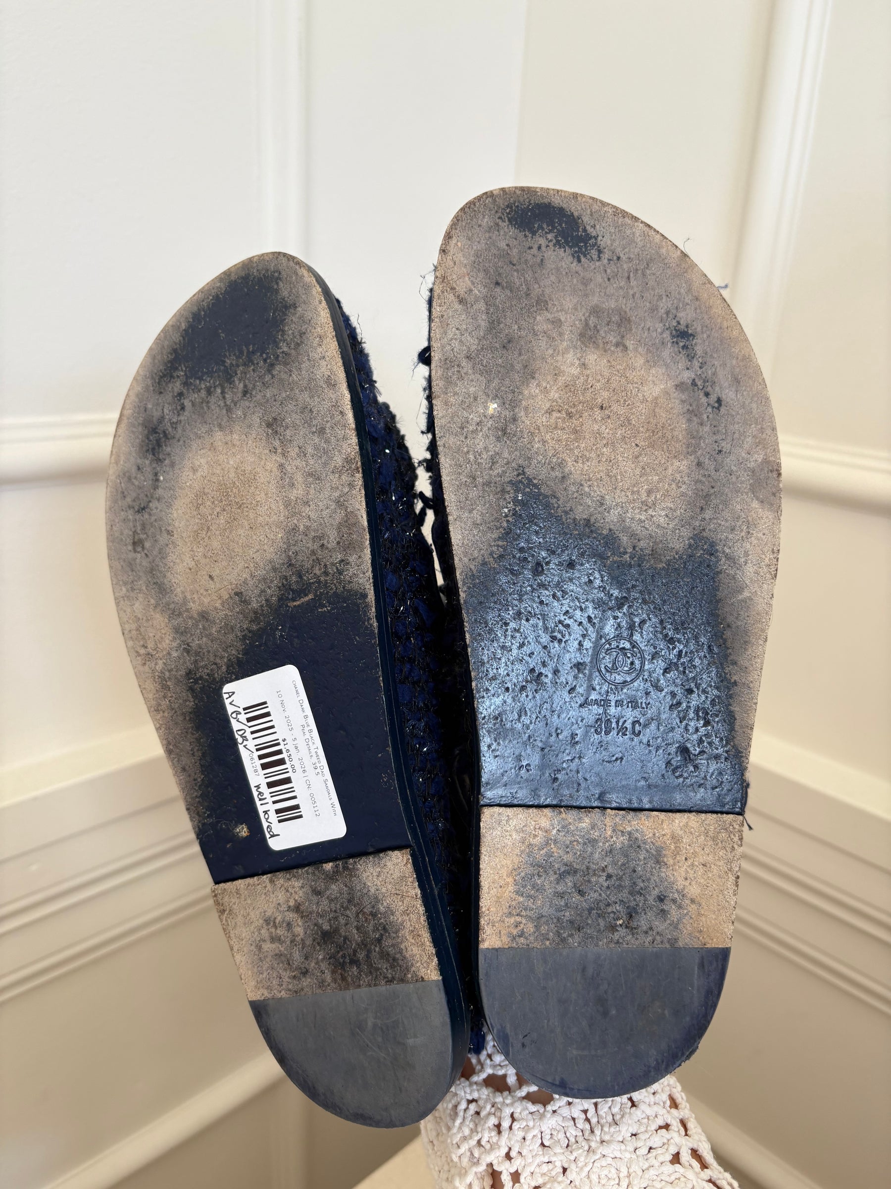 chanel Dark Blue Black Tweed Dad Sandals With Peal Details, 39.5