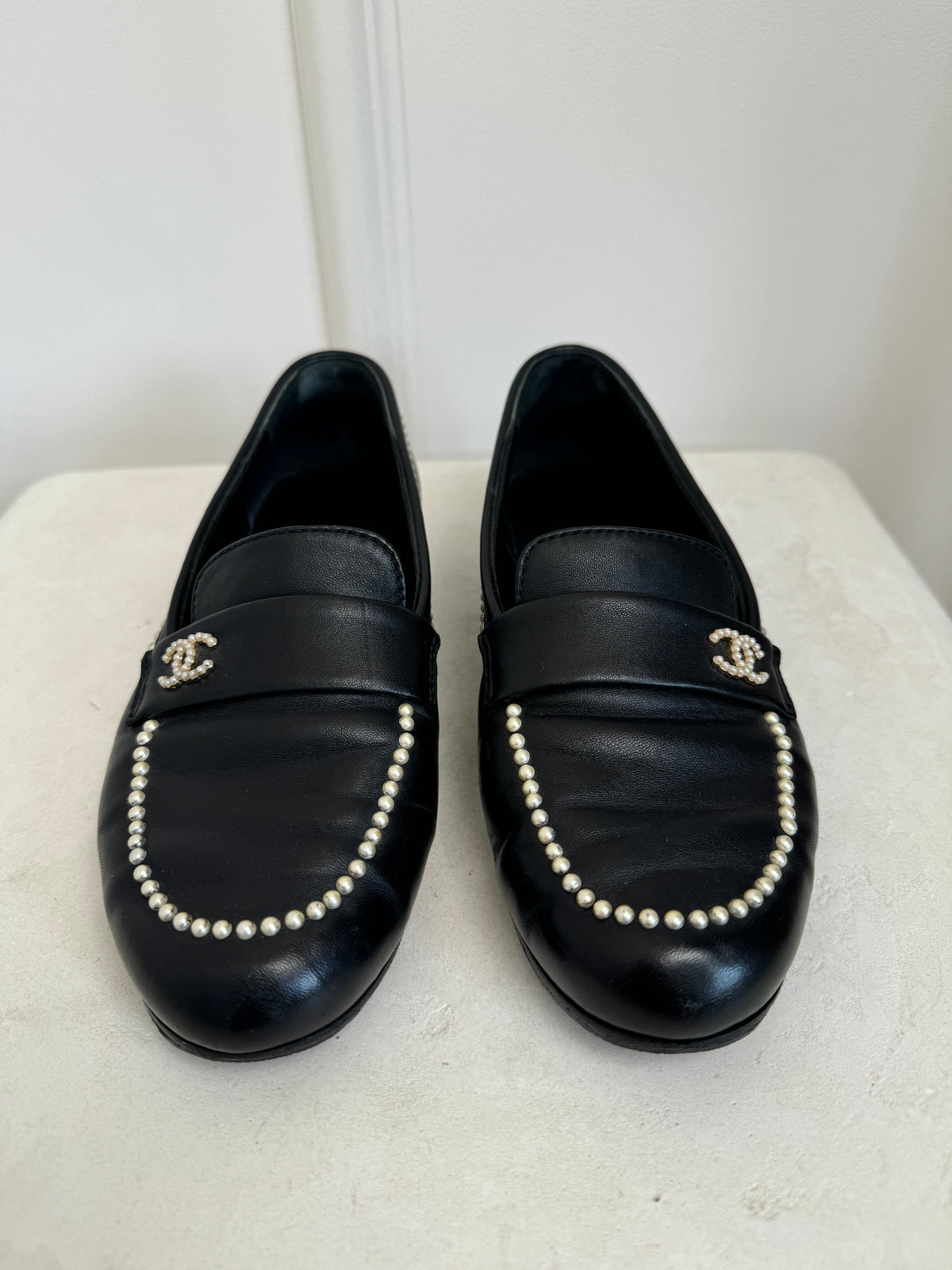 Chanel Leather Pearl Embellished Loafers, 36.5