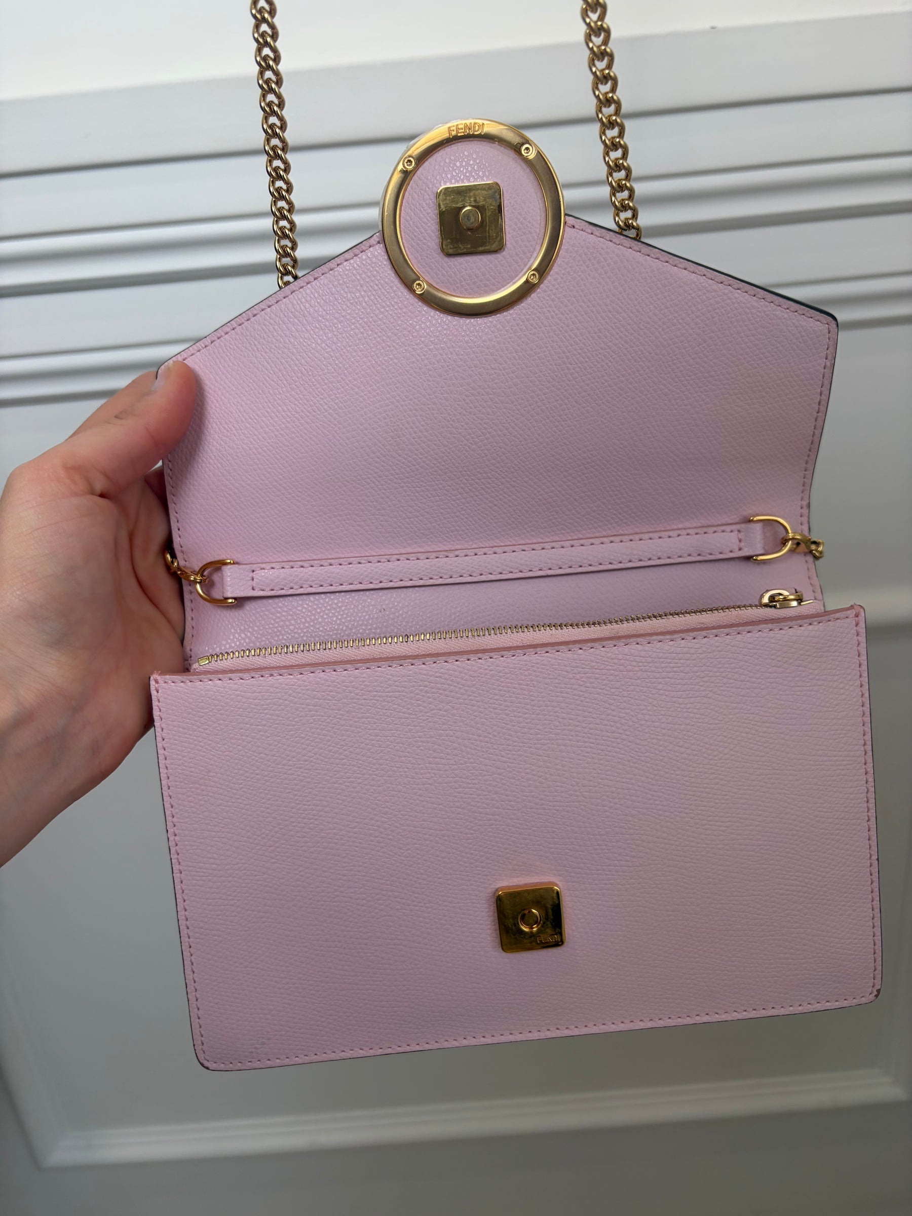 Fendi Pink and Brown Monogram Leather Envelope Wallet on Chain