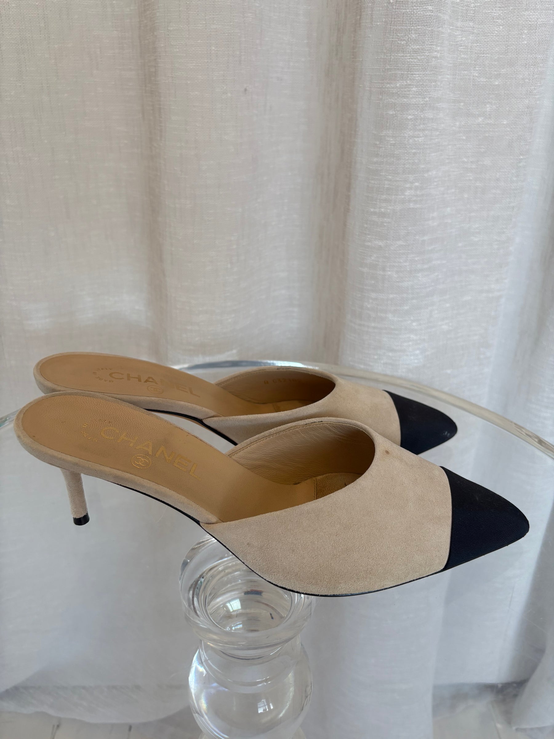 Chanel Stone Suede and  Black Pointed Mules, 40