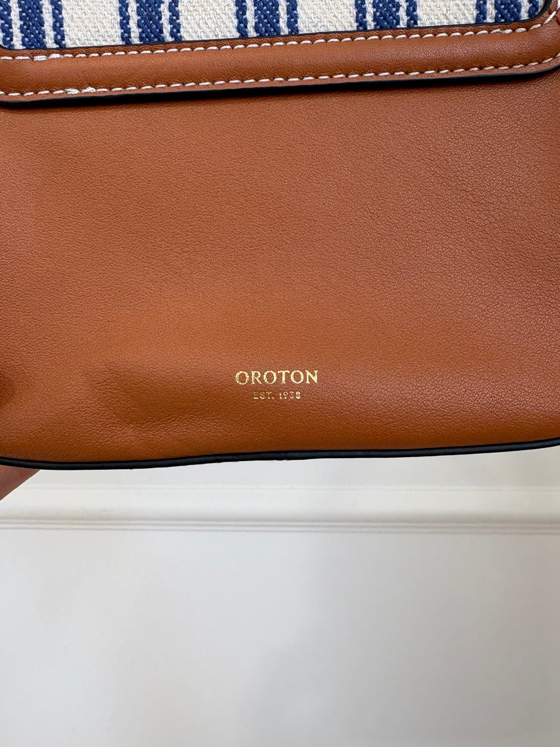 Oroton Blue and White Canvas with Tan leather Top Handle Bag