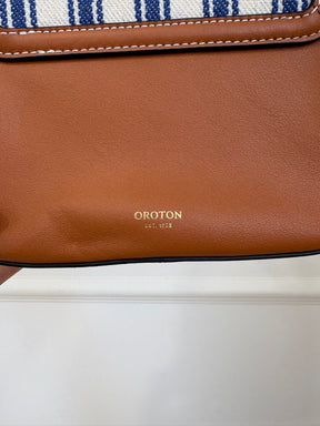 Oroton Blue and White Canvas with Tan leather Top Handle Bag