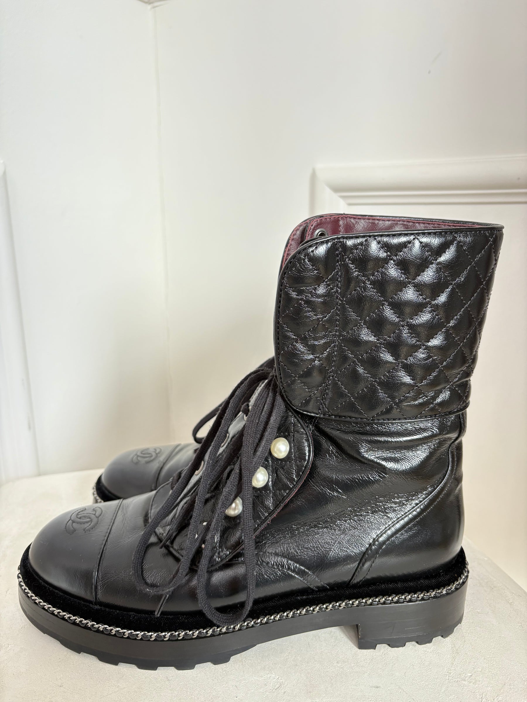 Chanel Black Quilted Leather Pearl Detail Ankle Boots, 40.5