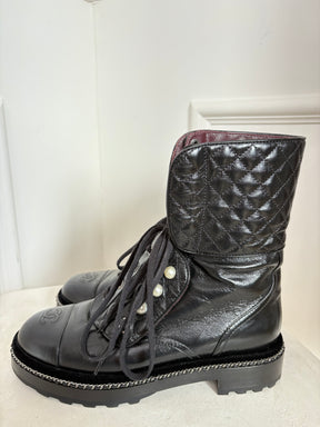 Chanel Black Quilted Leather Pearl Detail Ankle Boots, 40.5