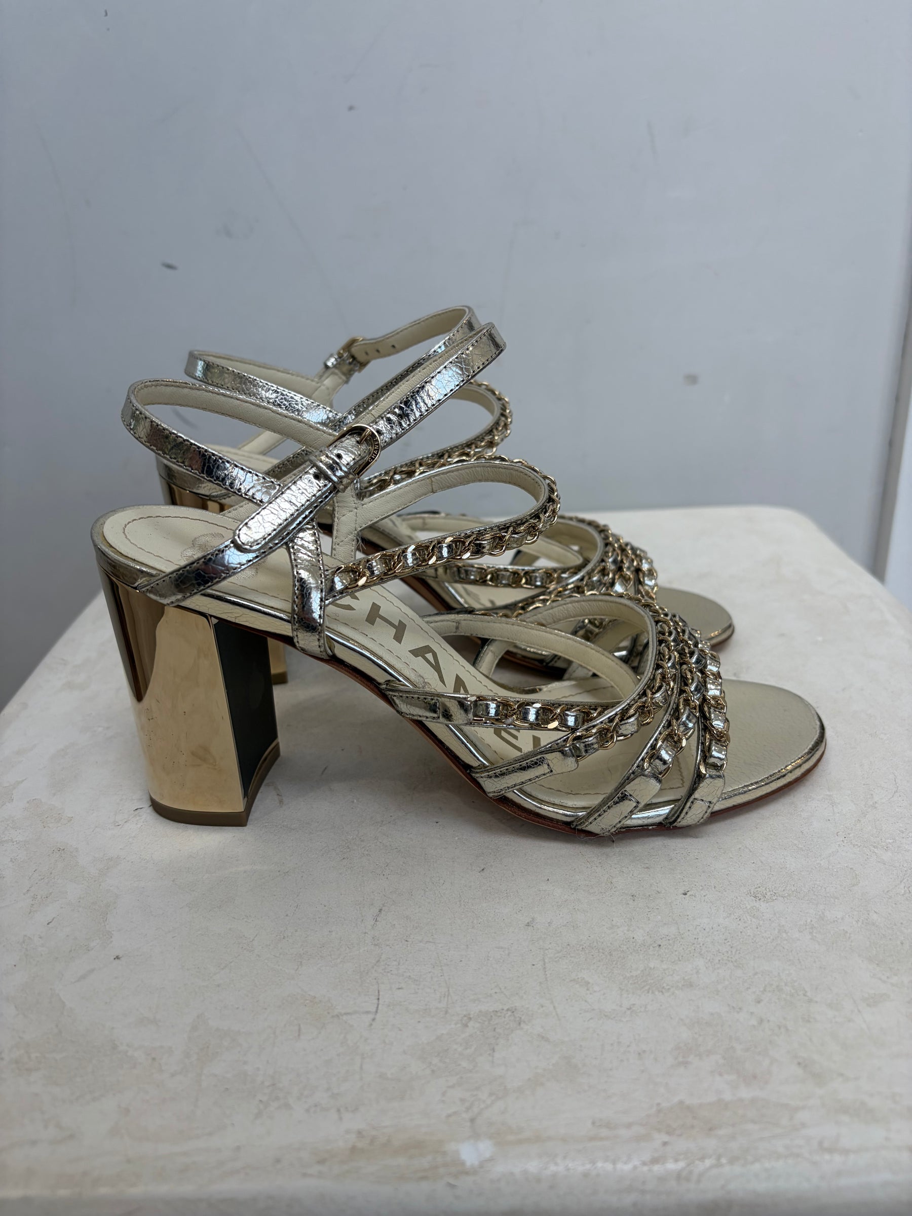 Chanel Champagne Leather Chain Strappy Heels, 37.5 C