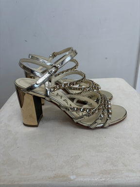 Chanel Champagne Leather Chain Strappy Heels, 37.5 C
