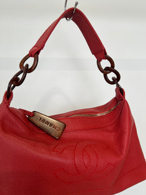 Chanel Red Caviar Leather Wood Detail Shoulder Bag
