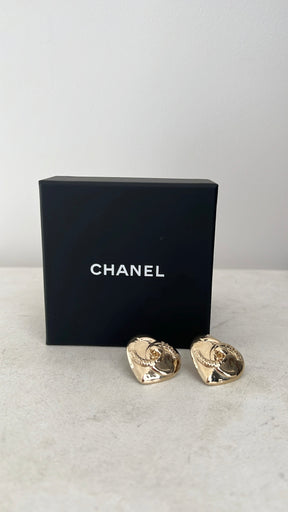 Chanel Gold Heart CC Metal Stud Earings