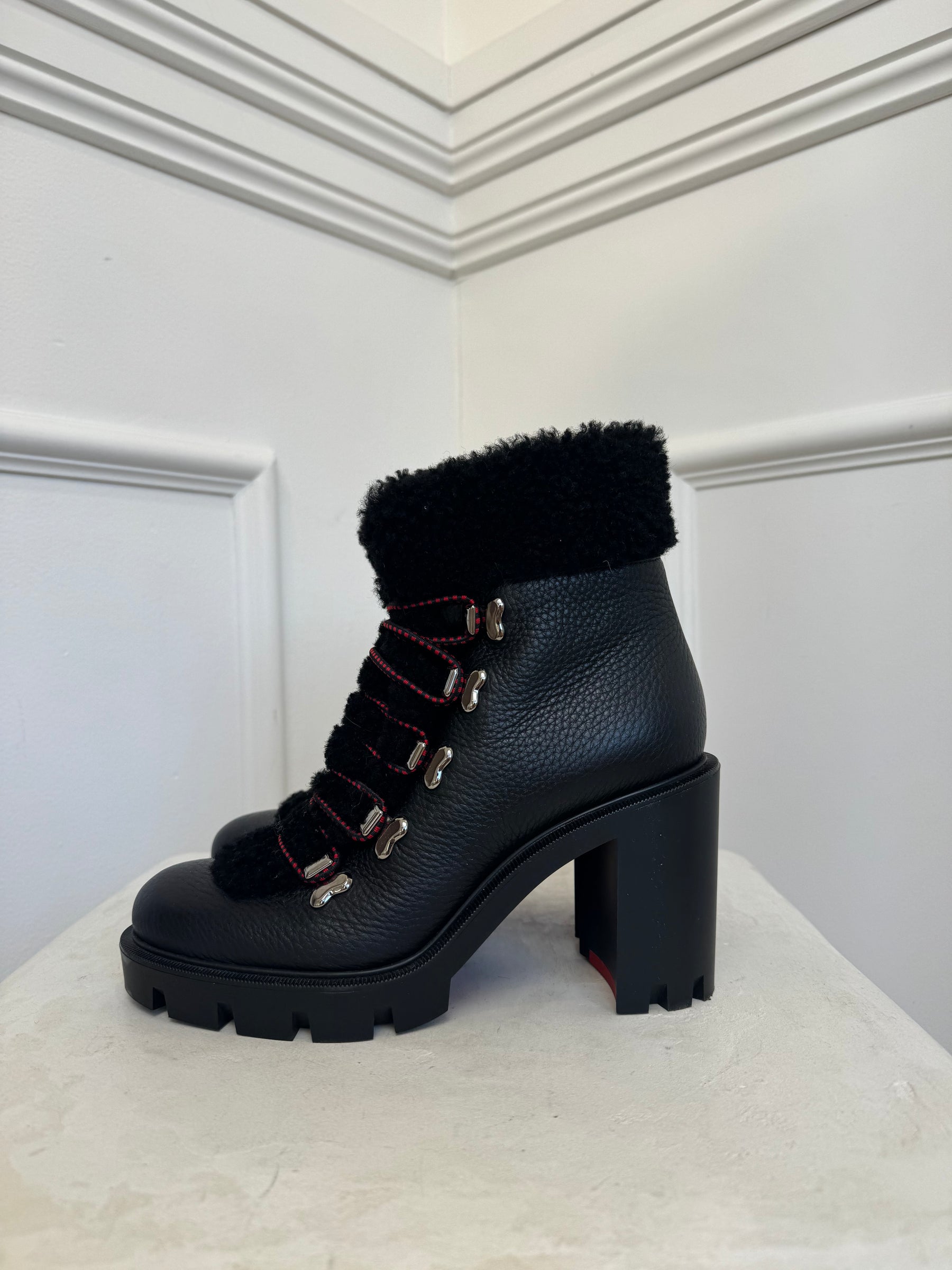 Christian Louboutin Black Leather and Shearling Heeled Ankle Boot, 38