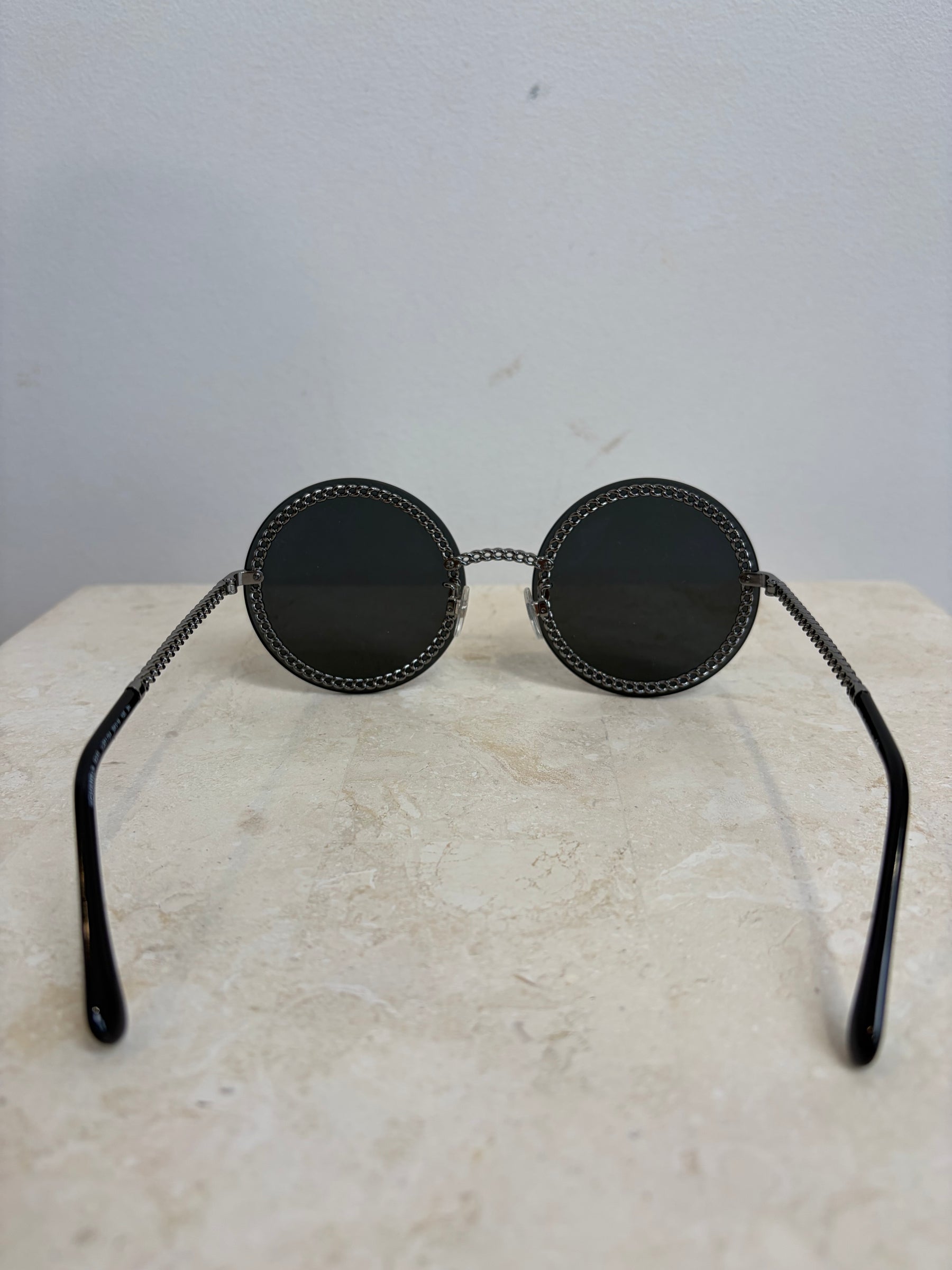 Chanel Black and Silver Chain Detail Round Sunglasses with Neck Chain