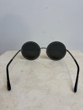 Chanel Black and Silver Chain Detail Round Sunglasses with Neck Chain
