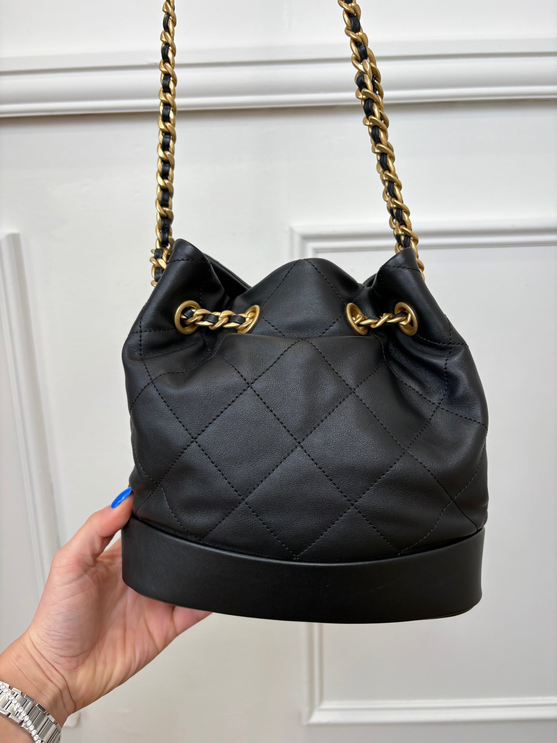 Chanel Black Lambskin Leather Charm Bucket Bag