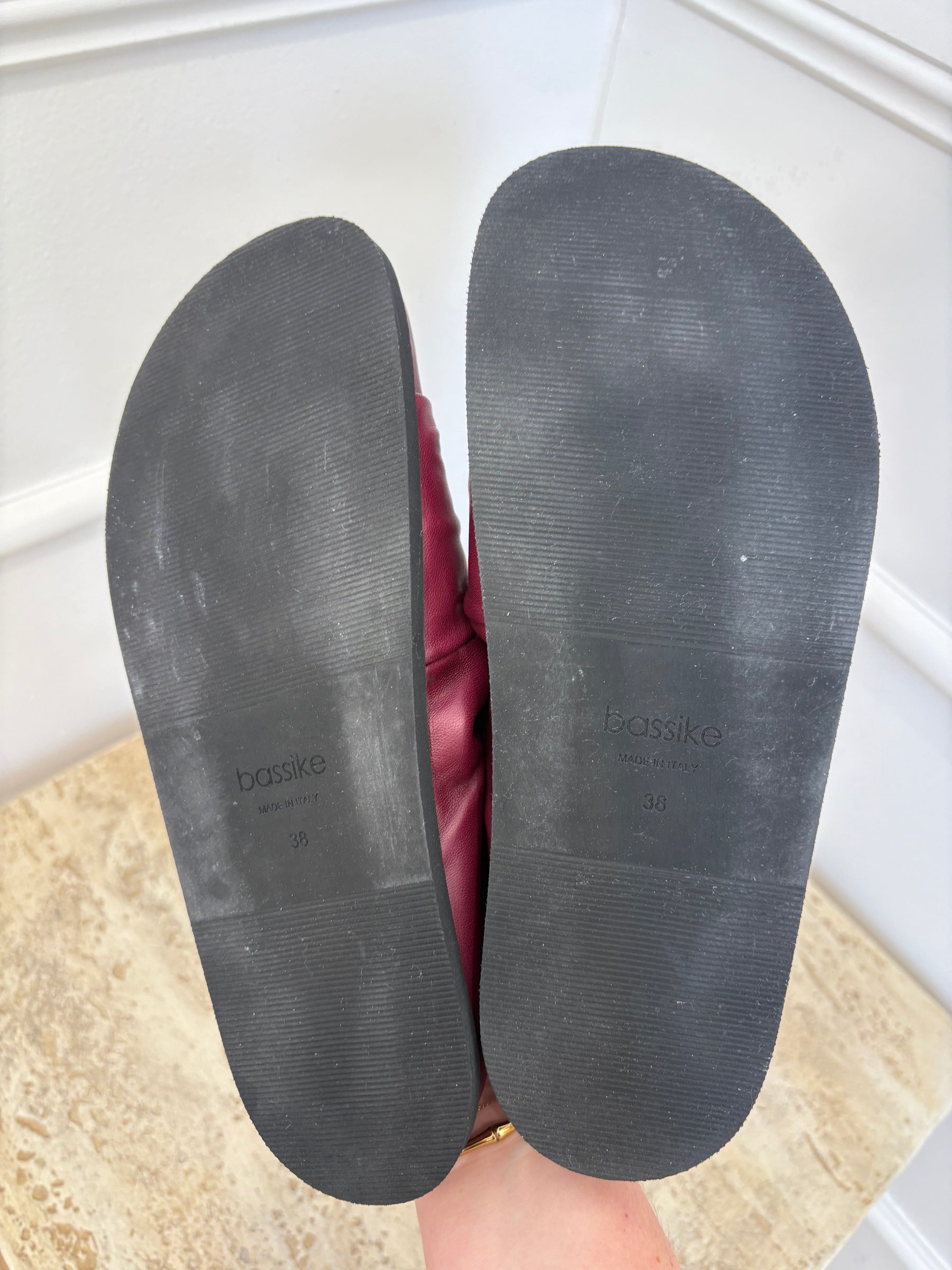 bassike Biege and Burgundy Leather Twist Slides, 38