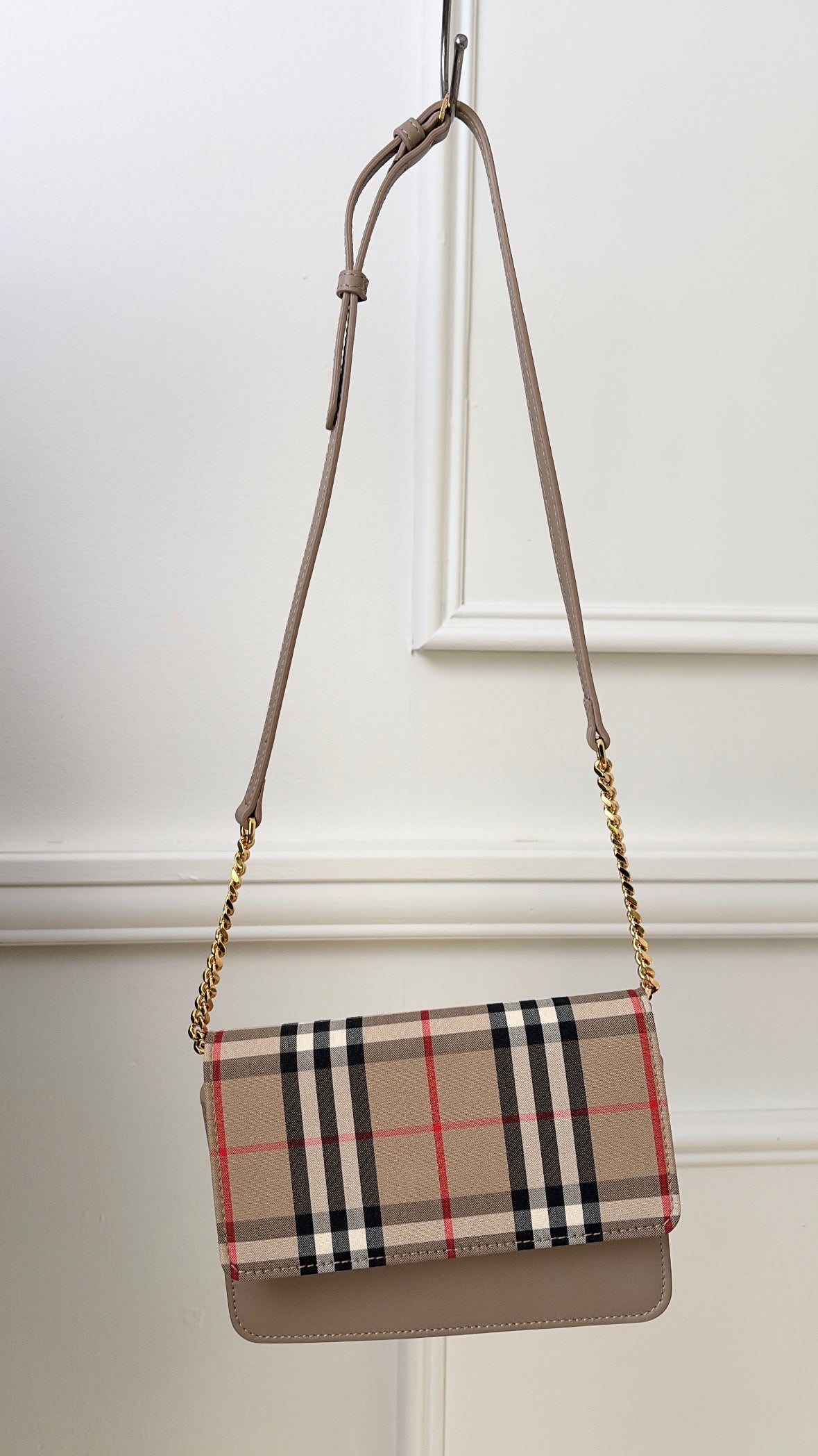 Burberry Beige Checked Leather Mini Flap Bag