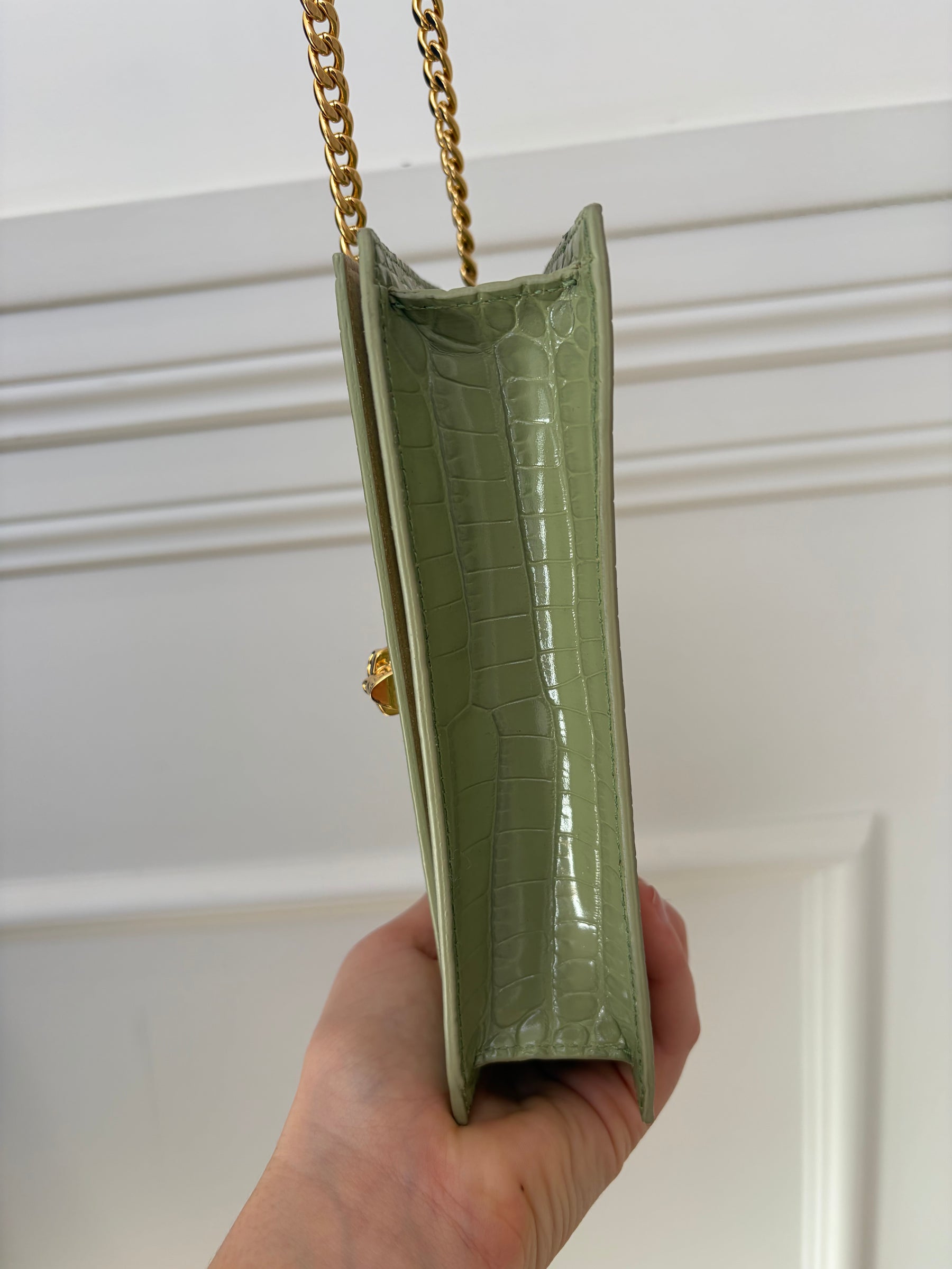 Alexander McQueen Sage Green Mock Croc Crossbody Chain Bag