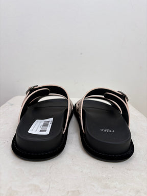 Fendi Brown and Cream Leather Feel Slides, 36