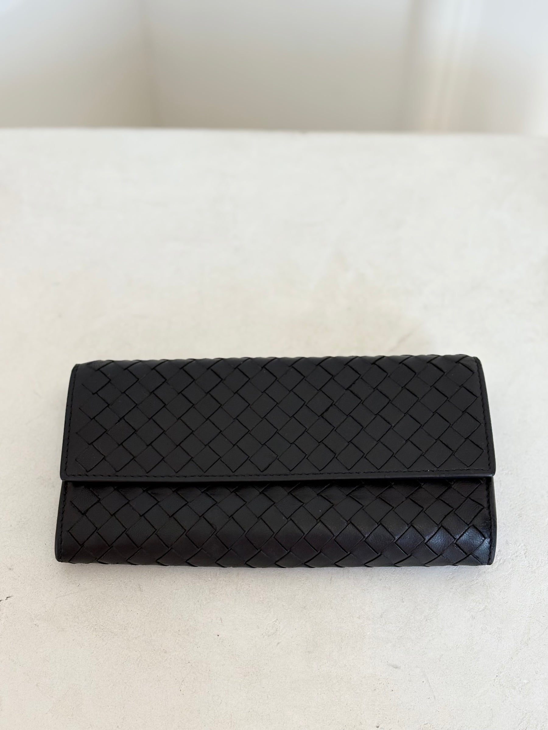 Bottega Veneta Black Intrecciato Leather Flap Wallet