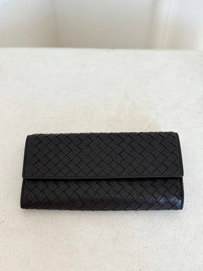 Bottega Veneta Black Intrecciato Leather Flap Wallet